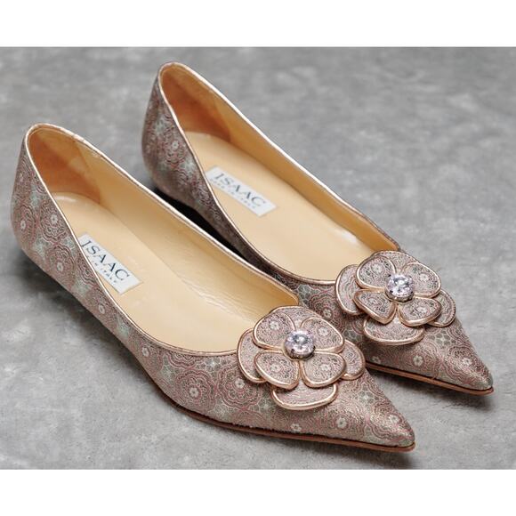 Isaac Mizrahi Vintage Baroque Pink Metallic Kitten Heels Floral Womens Size 8 - Picture 1 of 16